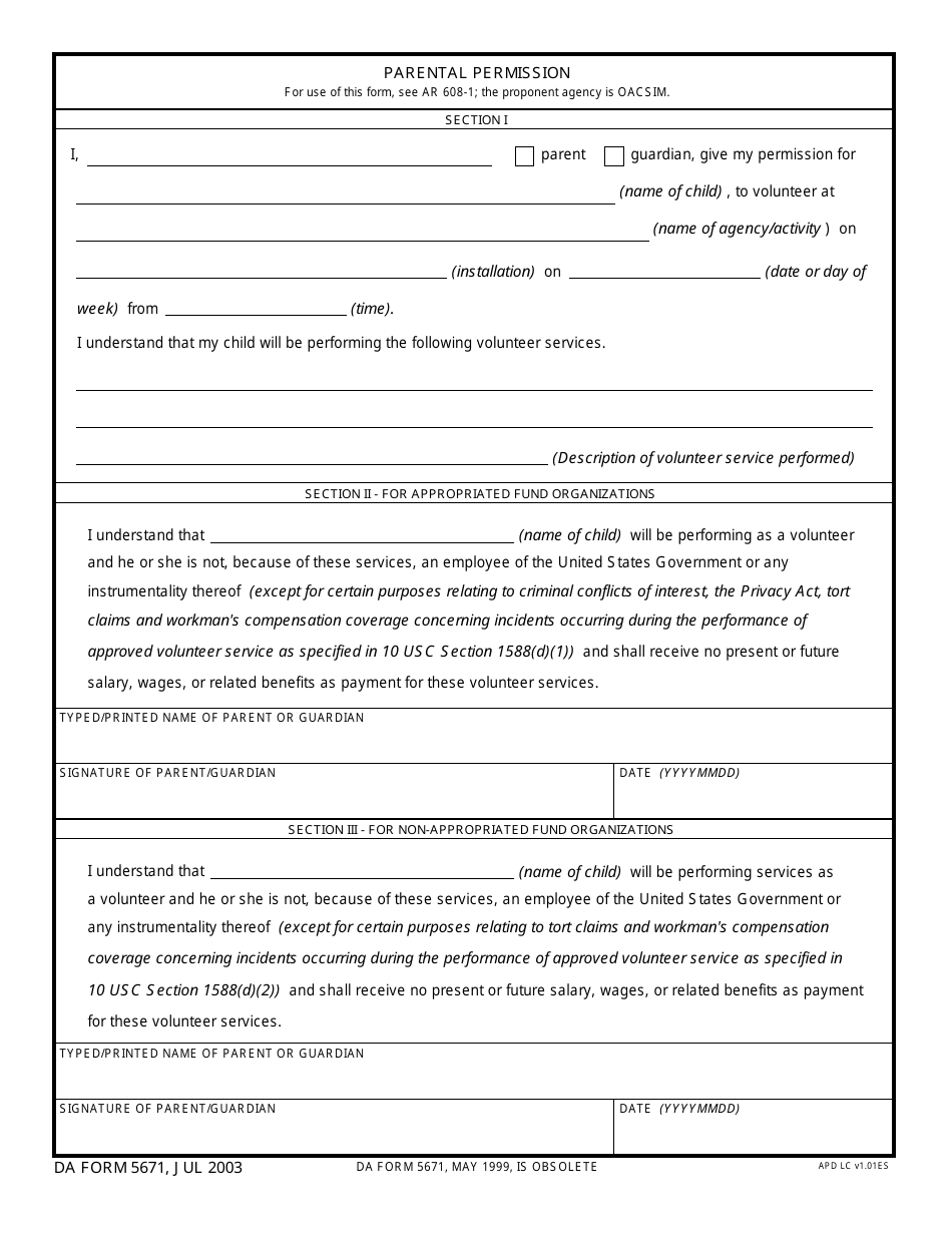 DA Form 5671 Parental Permission, Page 1