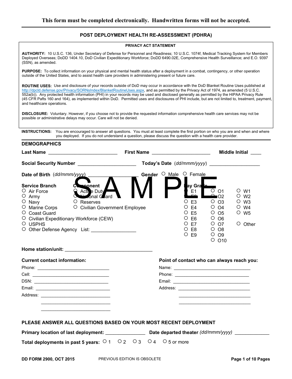 DD Form 2900 Post Deployment Health Re-assessment (Pdhra), Page 1