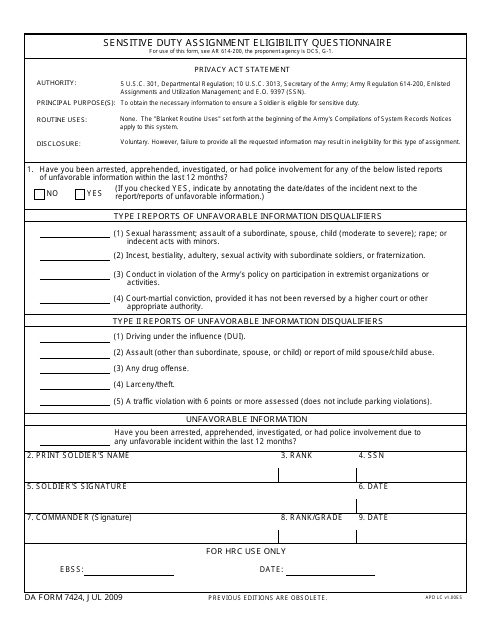 sensitive duty assignment questionnaire