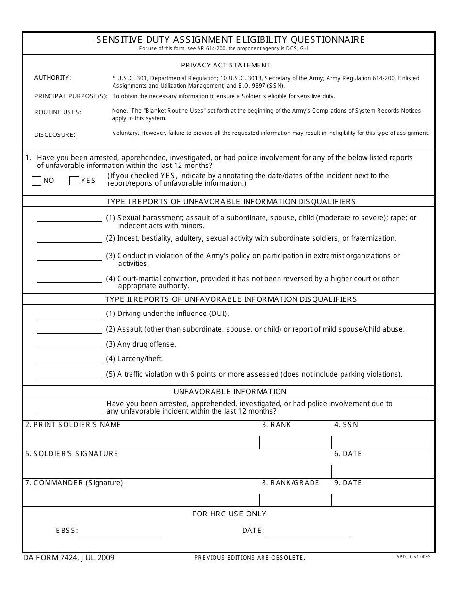 DA Form 7424 Sensitive Duty Assignment Eligibility Questionnaire, Page 1