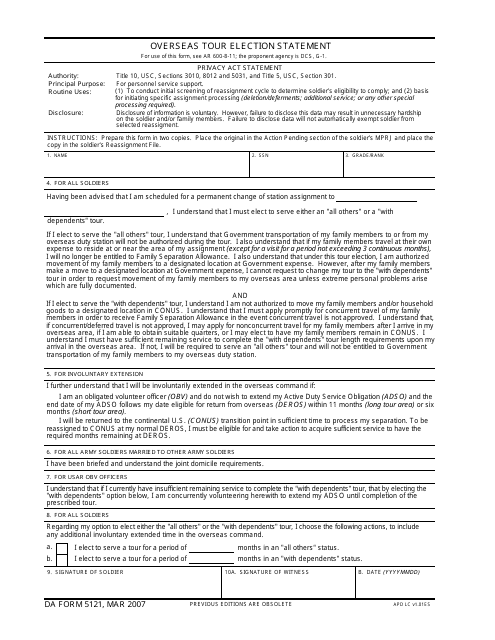 DA Form 5121 Oversea Tour Election Statement
