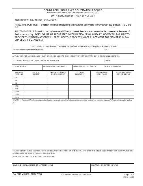 DA Form 2056  Printable Pdf