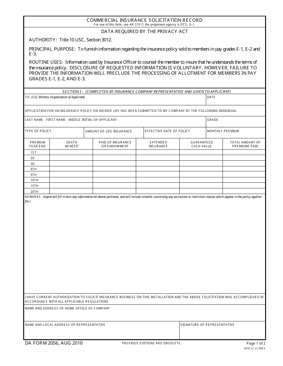 DA Form 2056 Commercial Insurance Solicitation Record, Page 1