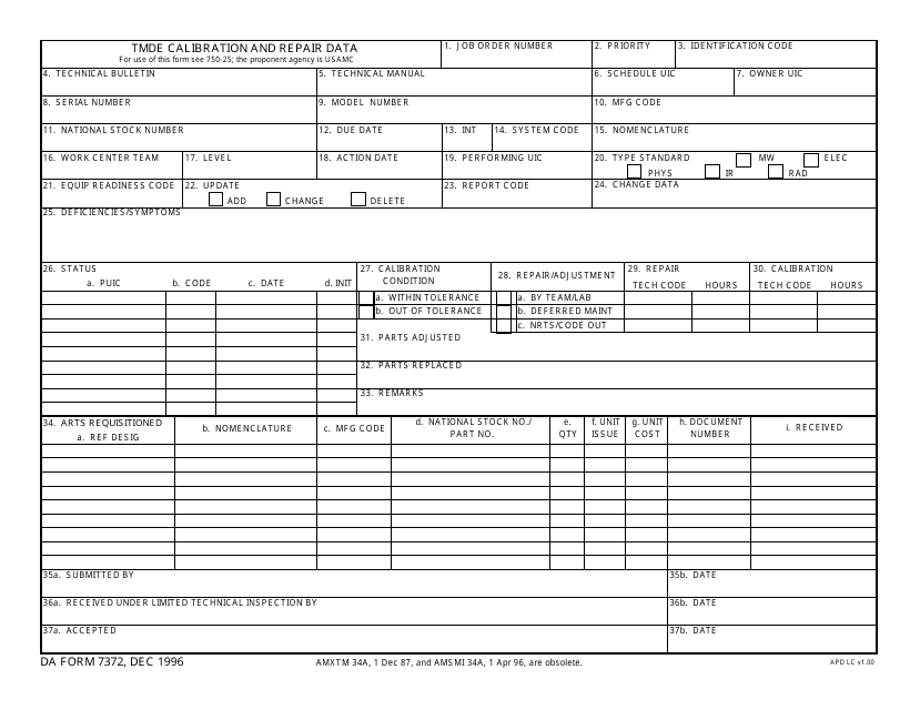 DA Form 7372 Tmde Calibration and Repair Data