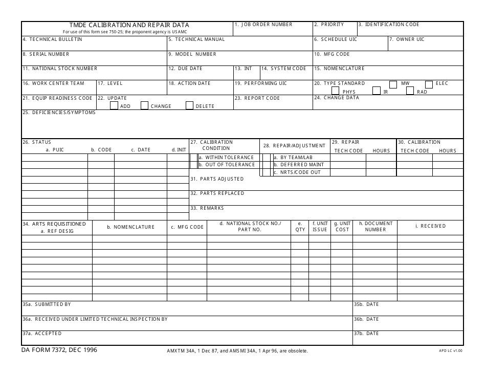 DA Form 7372 Tmde Calibration and Repair Data, Page 1