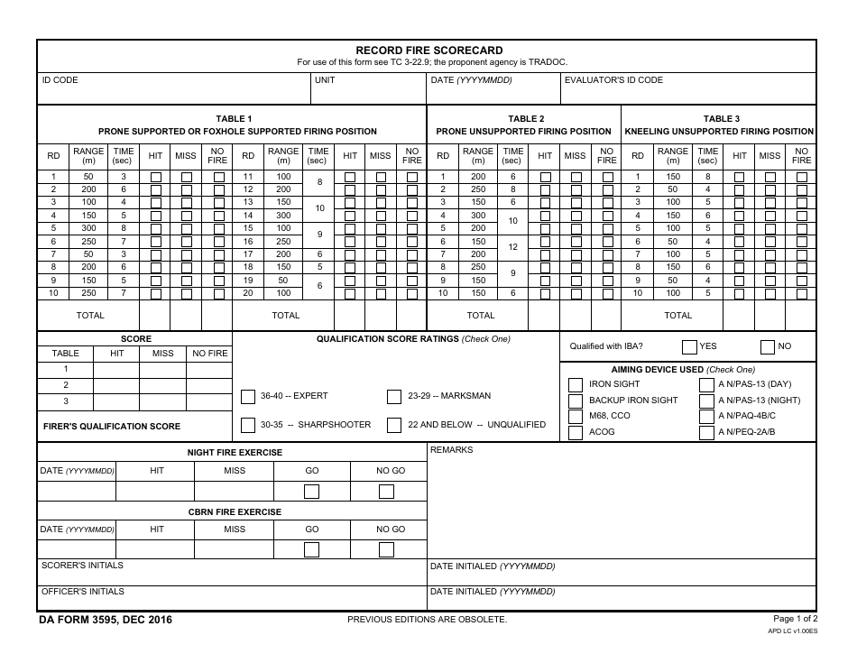 DA Form 3595 Record Fire Scorecard, Page 1
