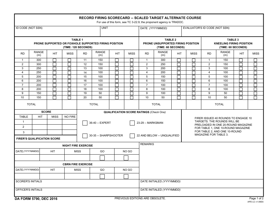 DA Form 5790 Record Firing Scorecard - Scaled Target Alternate Course, Page 1
