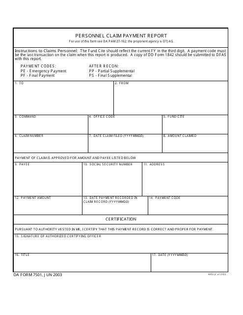 DA Form 7501 Personnel Claim Payment Report