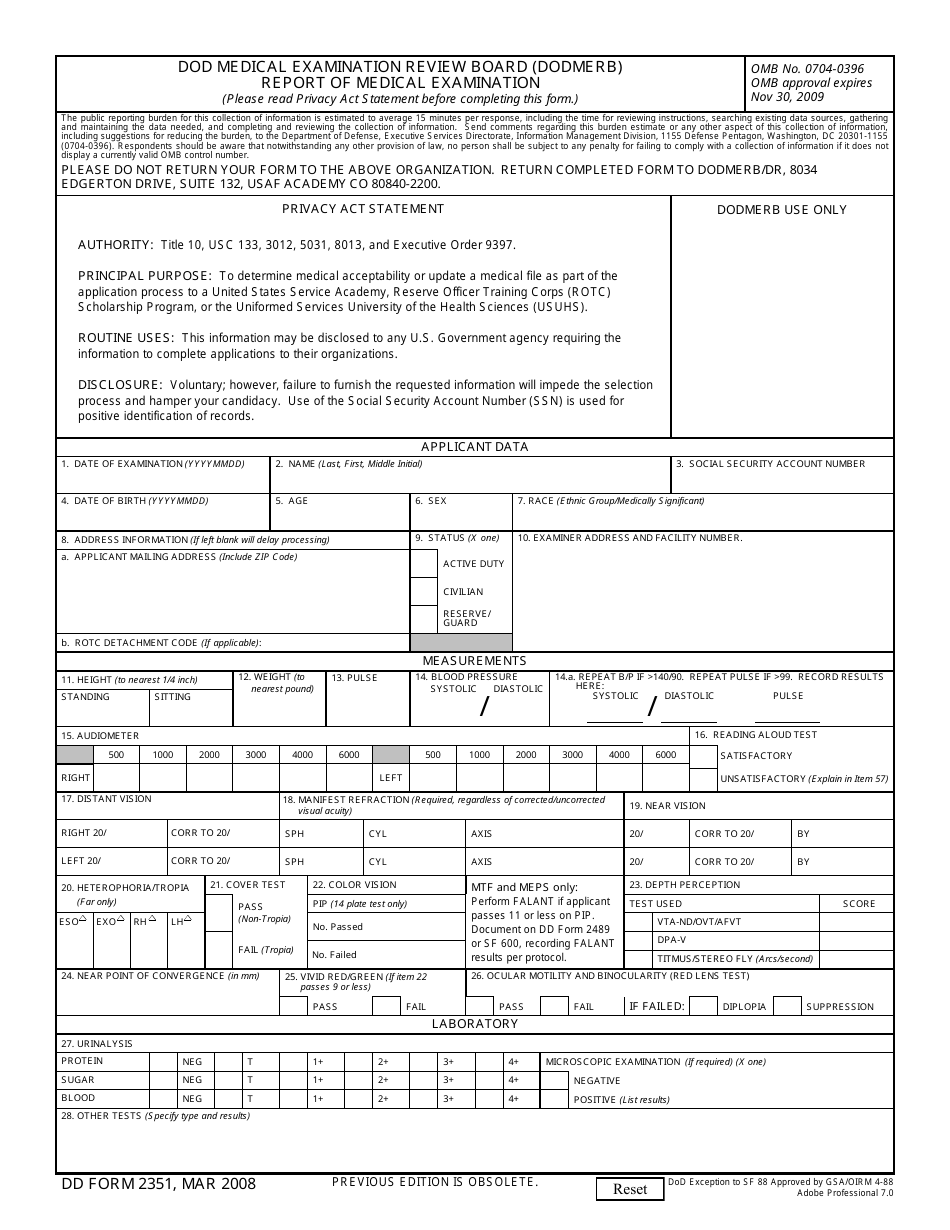DD Form 2351 DoD Medical Examination Review Board (Dodmerb) Report of Medical Examination, Page 1
