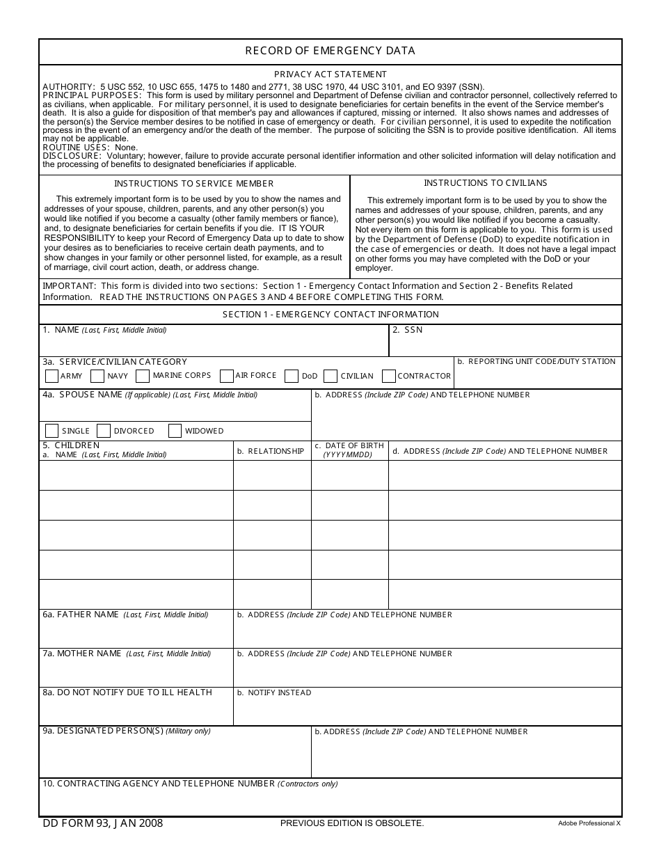 DD Form 93 Record of Emergency Data, Page 1