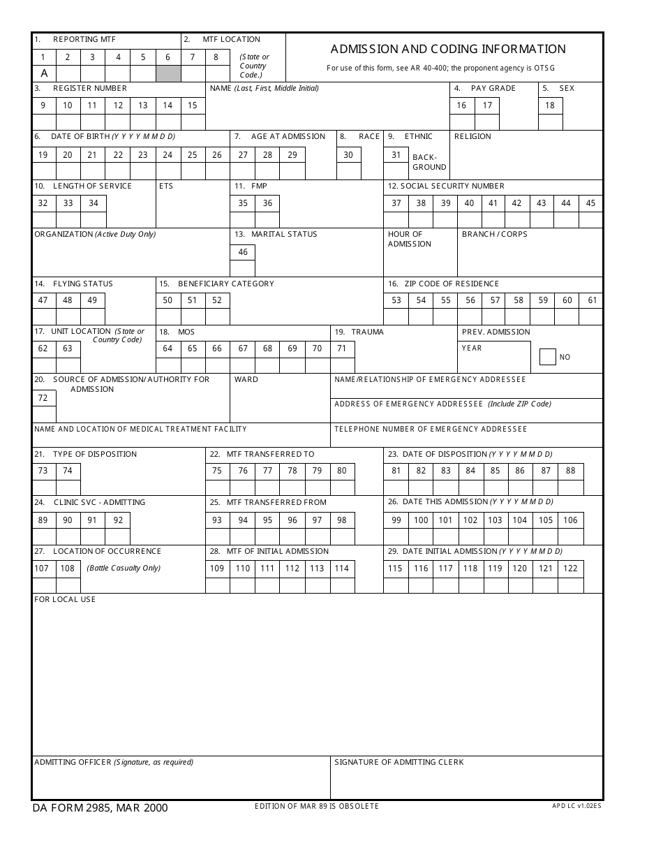 DA Form 2985 Admission and Coding Information, Page 1