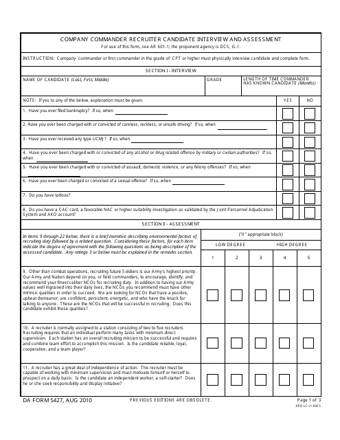 DA Form 5427  Printable Pdf