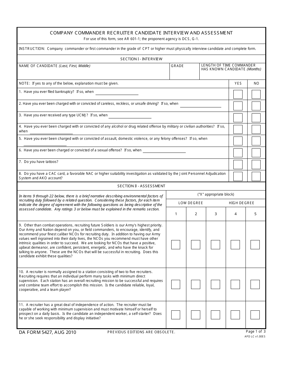 DA Form 5427 Company Commander Recruiter Candidate Interview and Assessment, Page 1