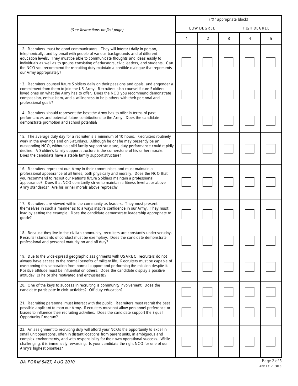 DA Form 5427 Company Commander Recruiter Candidate Interview and Assessment, Page 2