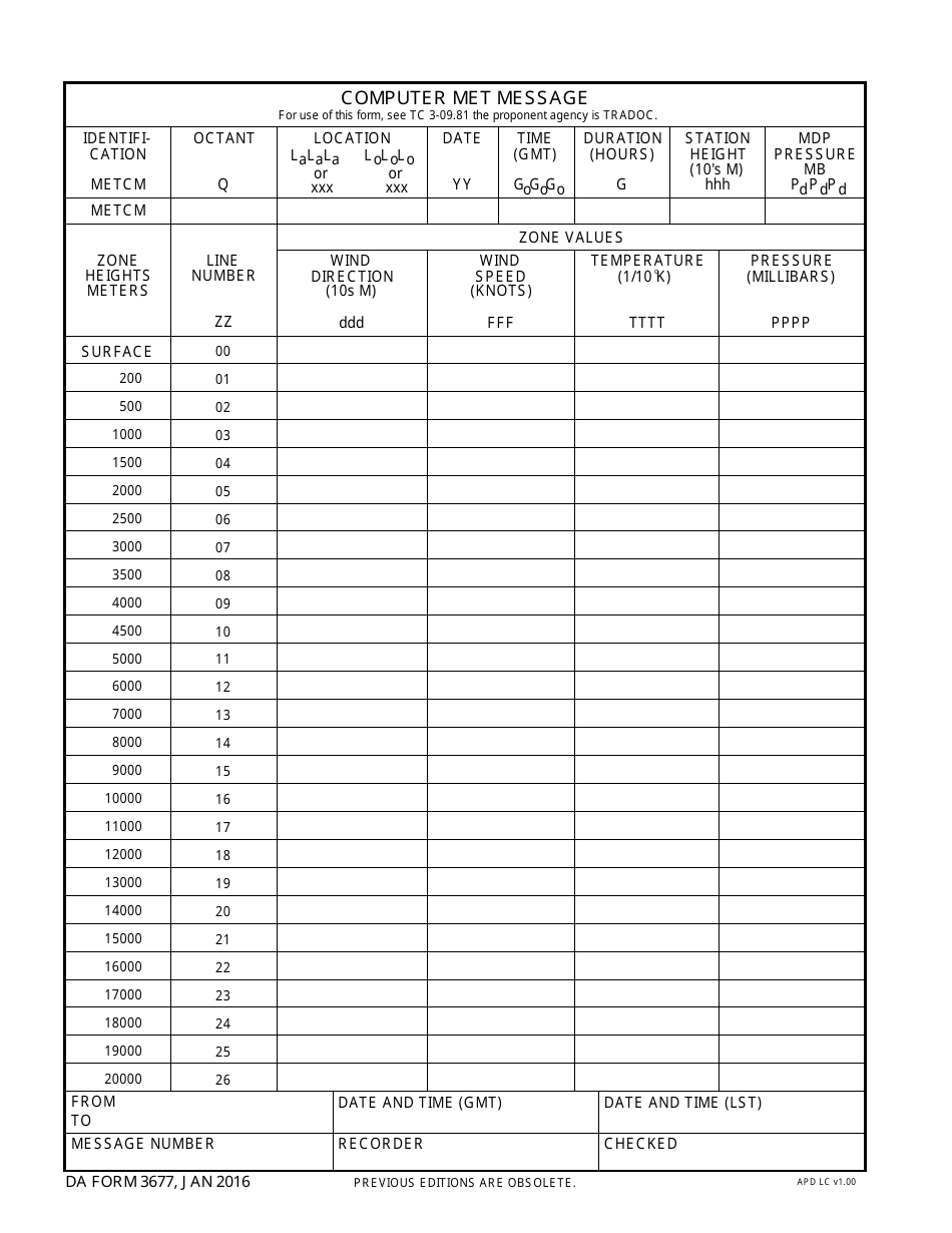 DA Form 3677 Computer Met Message, Page 1