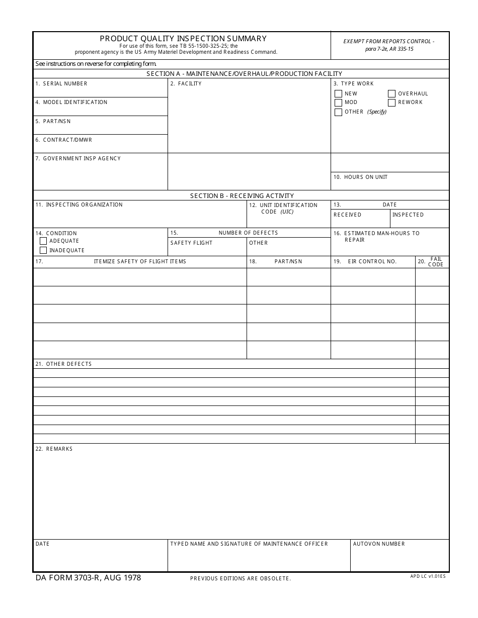 DA Form 3703-R Product Quality Inspection Summary (LRA), Page 1