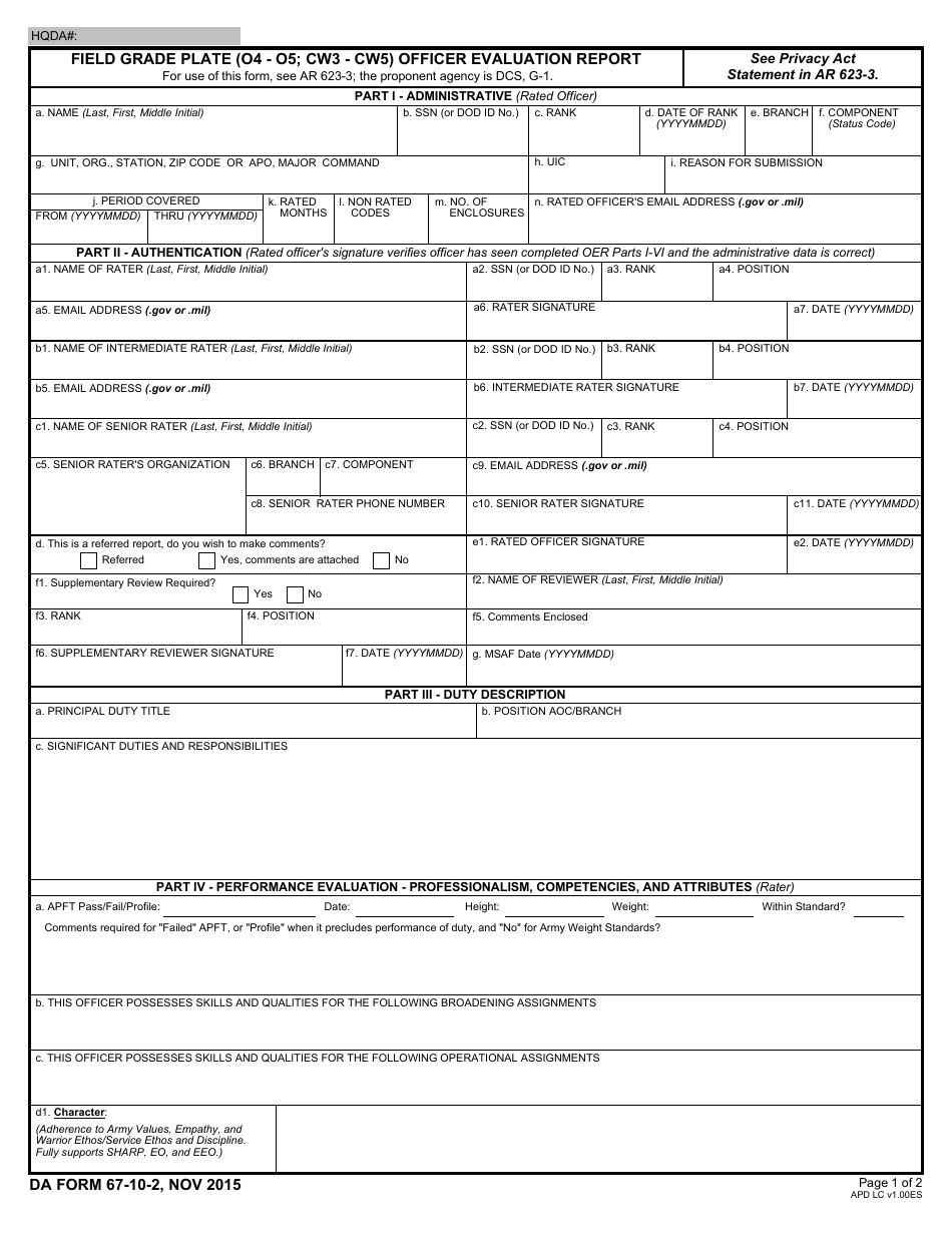 DA Form 67-10-2 Field Grade Plate (O4 - O5; Cw3 - Cw5) Officer Evaluation Report, Page 1