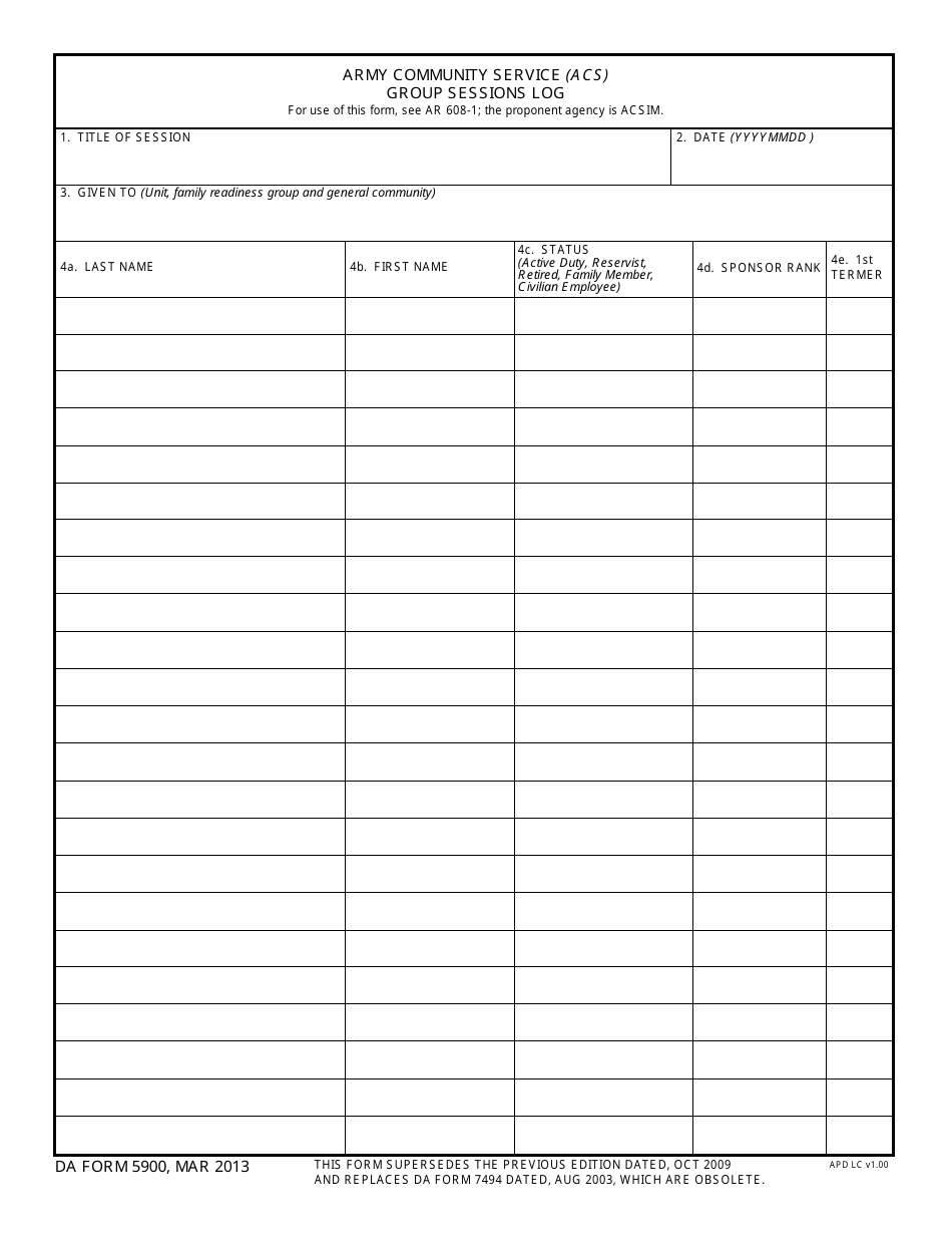 DA Form 5900 Army Community Service (Acs) Group Sessions Log, Page 1