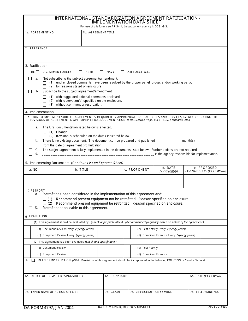 DA Form 4797 International Standardization Agreement Ratification - Implementation Data Sheet, Page 1