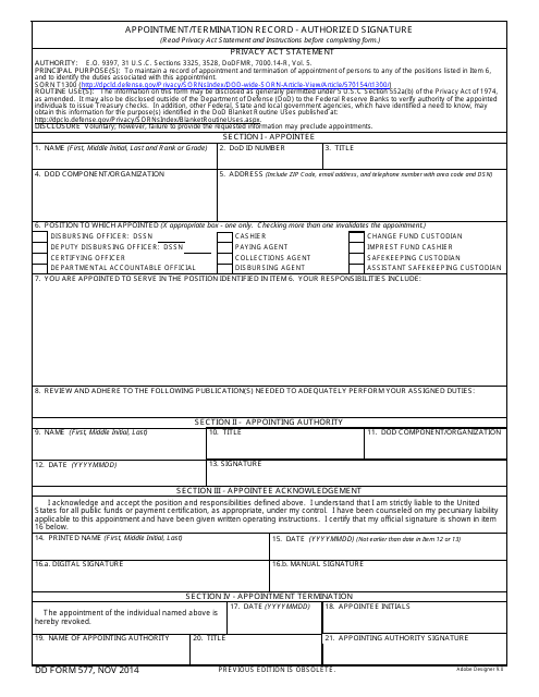 DD Form 577 Appointment/Termination Record - Authorized Signature