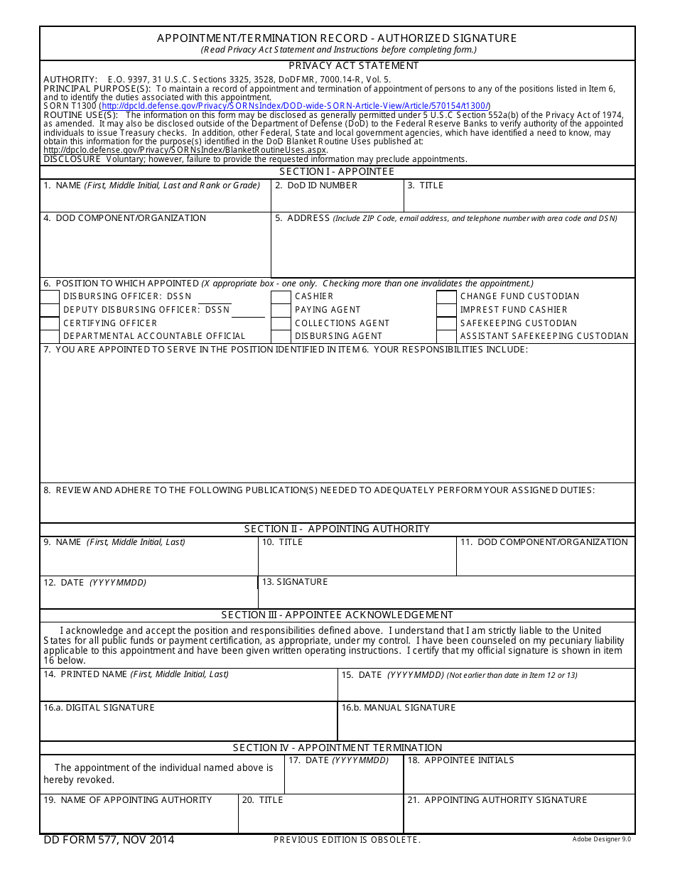 DD Form 577 Appointment / Termination Record - Authorized Signature, Page 1