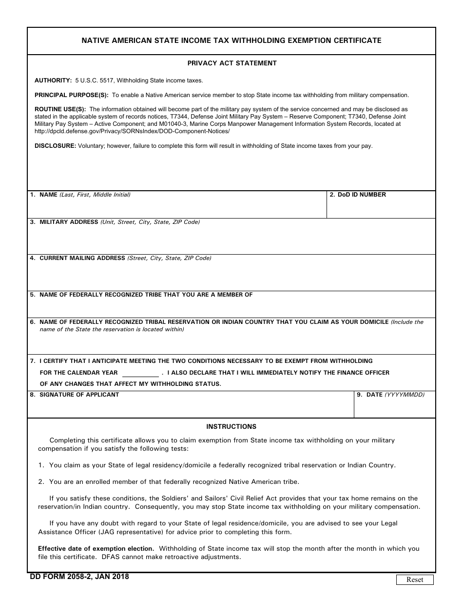 DD Form 2058-2 Native American State Income Tax Withholding Exemption Certificate, Page 1