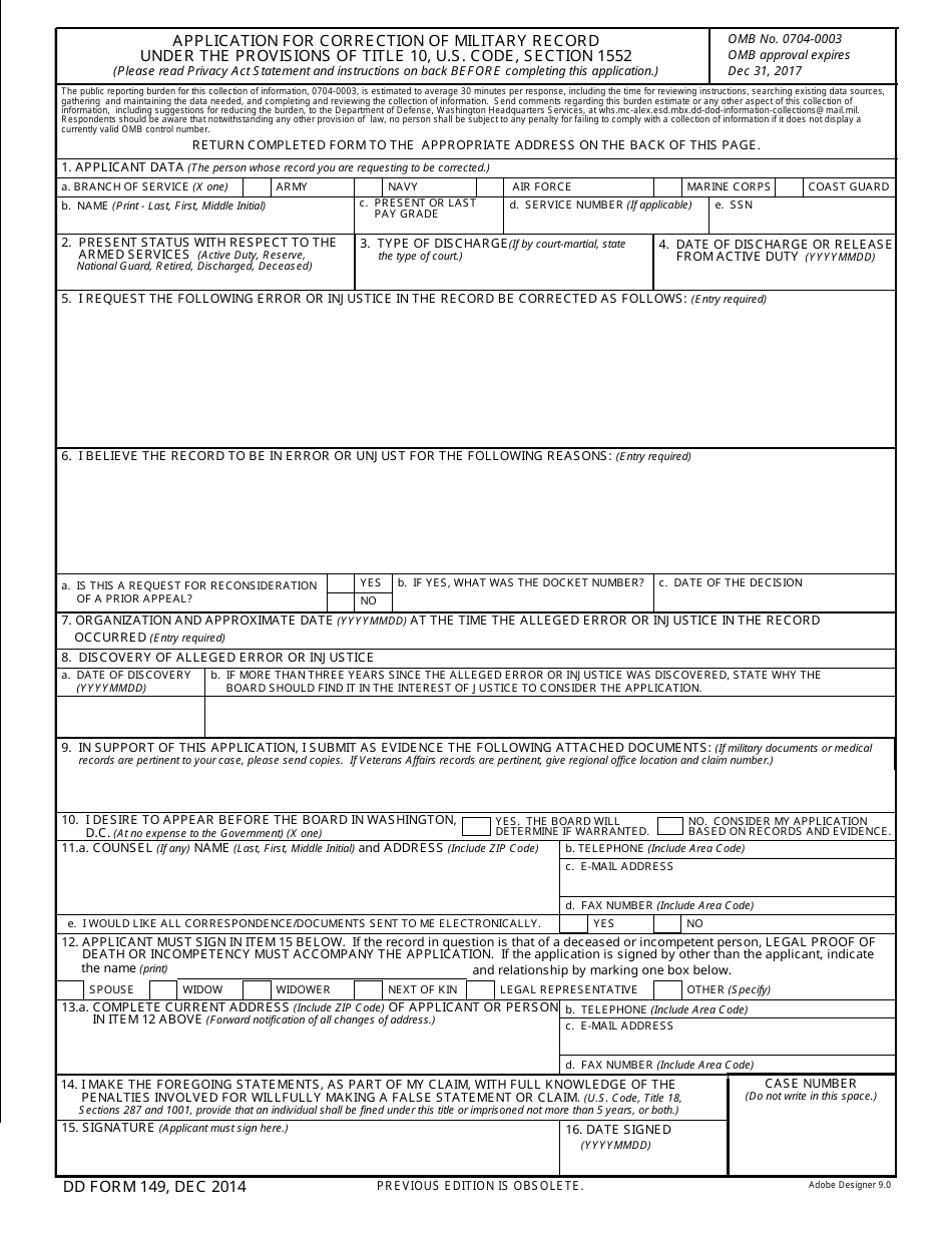 DD Form 149 Application for Correction of Military Record Under the Provisions of Title 10, U.S. Code, Section 1552, Page 1