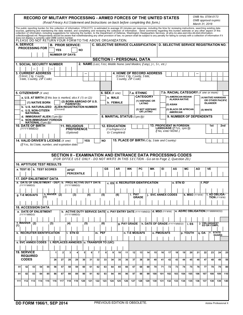 DD Form 1966 Record of Military Processing - Armed Forces of the United States, Page 1
