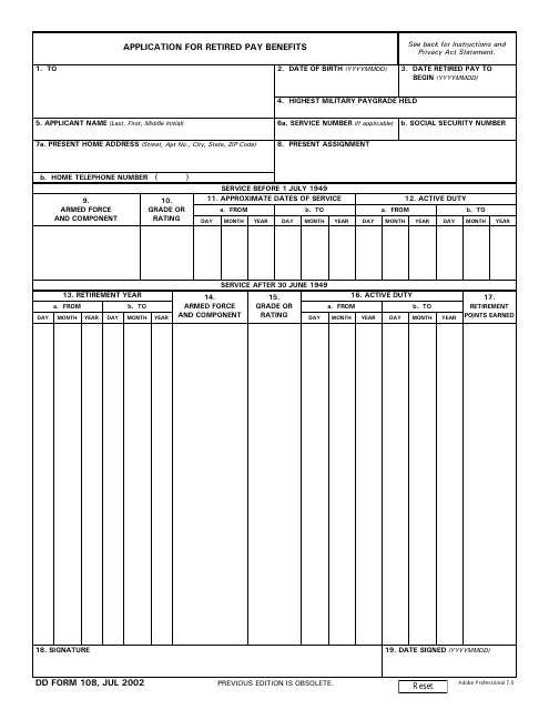 DD Form 108 Download Fillable PDF, Application for Retired Pay Benefits