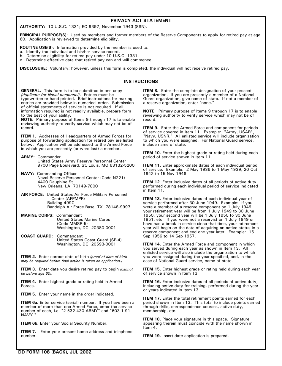 DD Form 108 Application for Retired Pay Benefits, Page 2