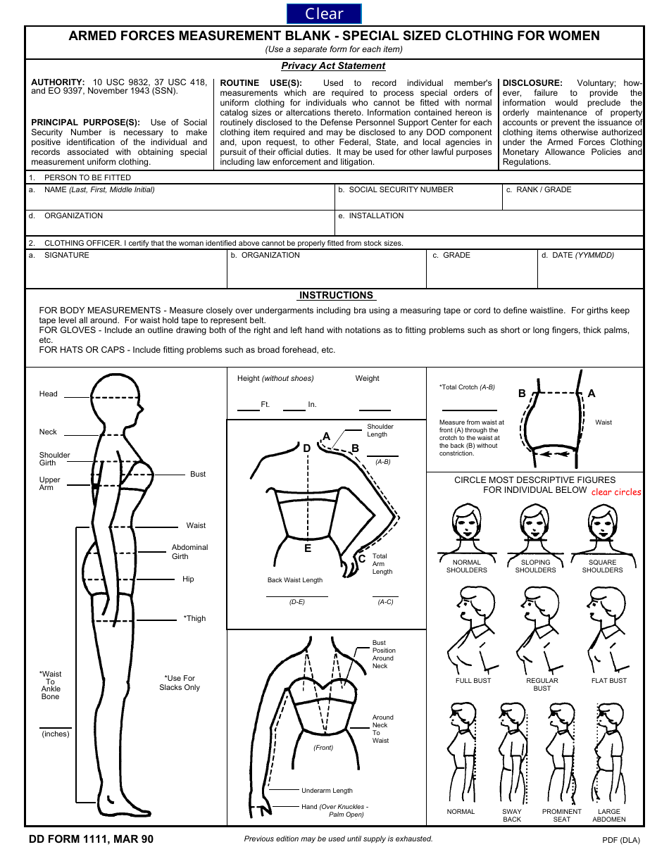 DD Form 1111 Armed Forces Measurement Blank - Special Sized Clothing for Women, Page 1