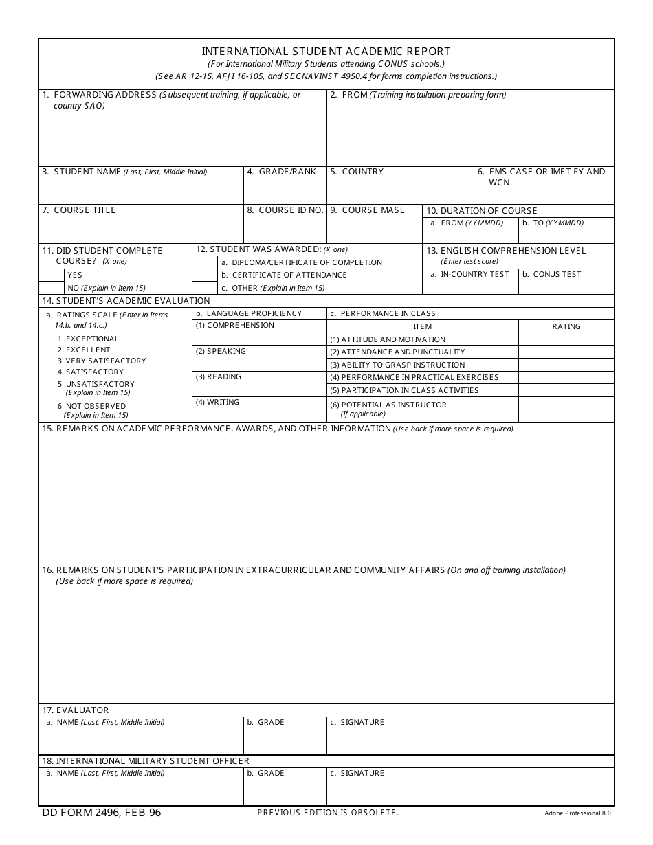 DD Form 2496 International Student Academic Report, Page 1
