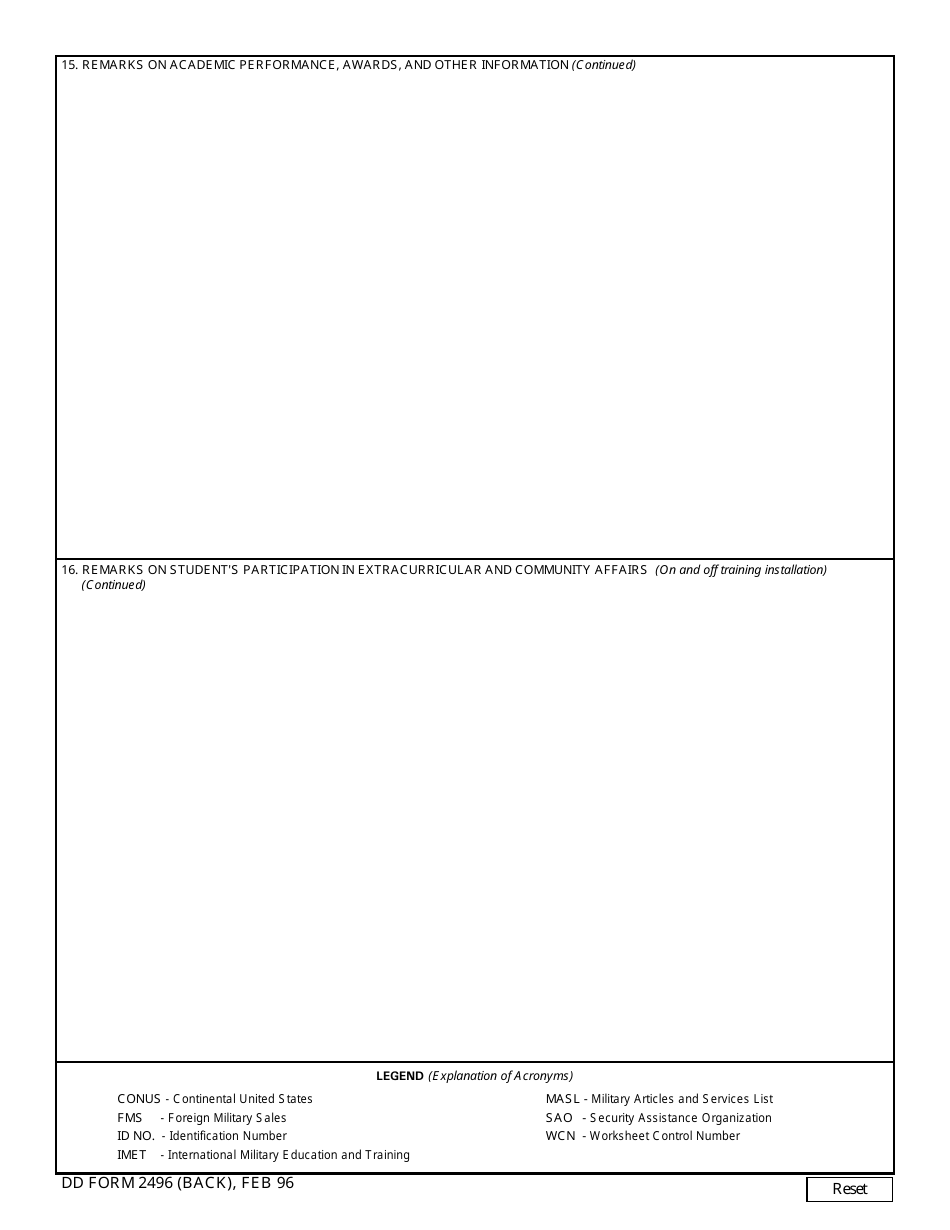 DD Form 2496 International Student Academic Report, Page 2