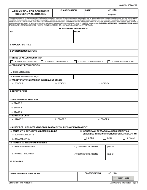 DD Form 1494  Printable Pdf