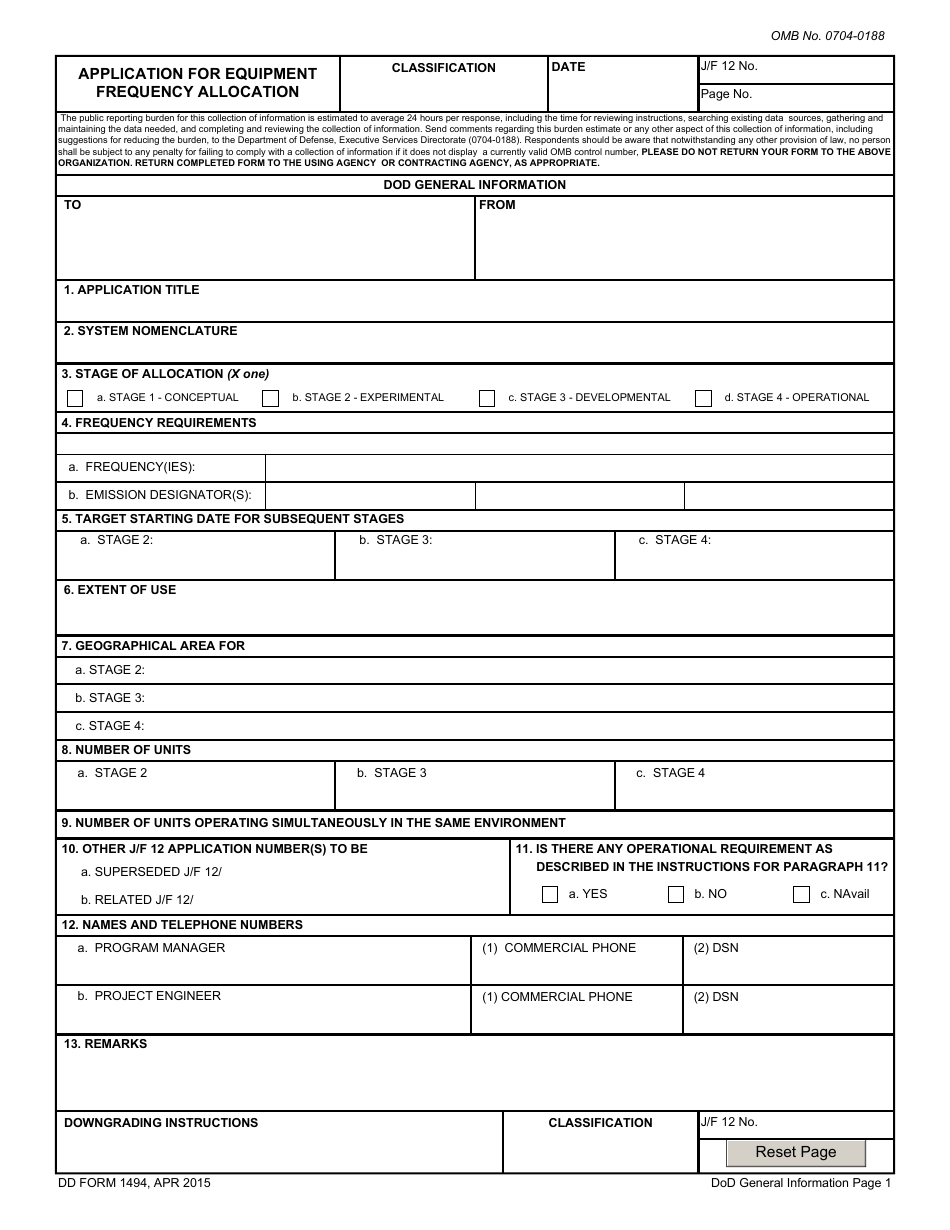 DD Form 1494 Application for Equipment Frequency Allocation, Page 1