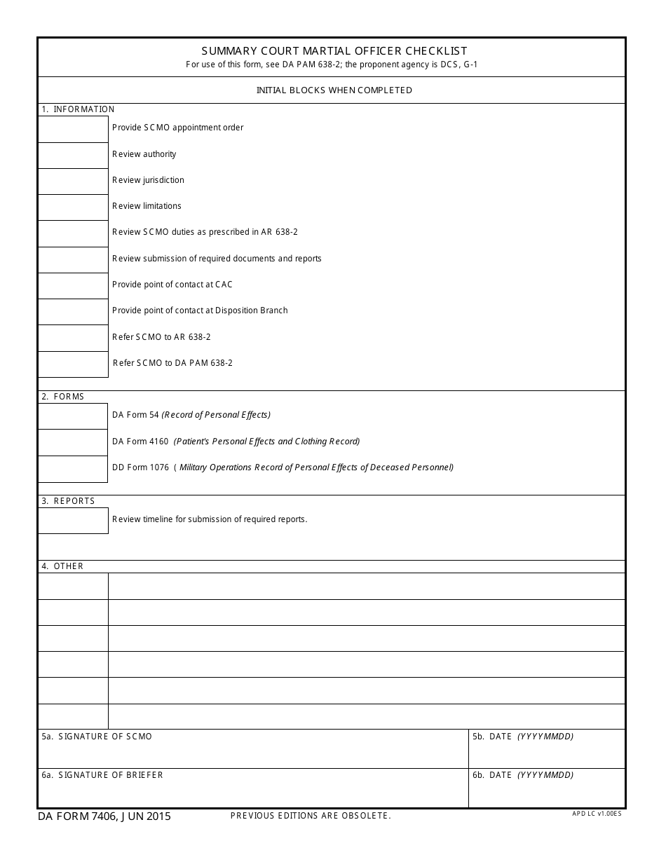 DA Form 7406 Summary Court Martial Officer Checklist, Page 1