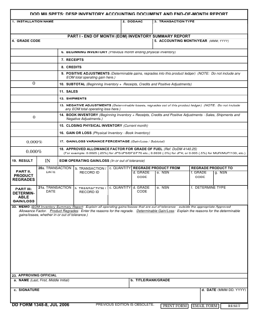 DD Form 1348-8 Download Fillable PDF, DoD Milspets: DFSP Inventory