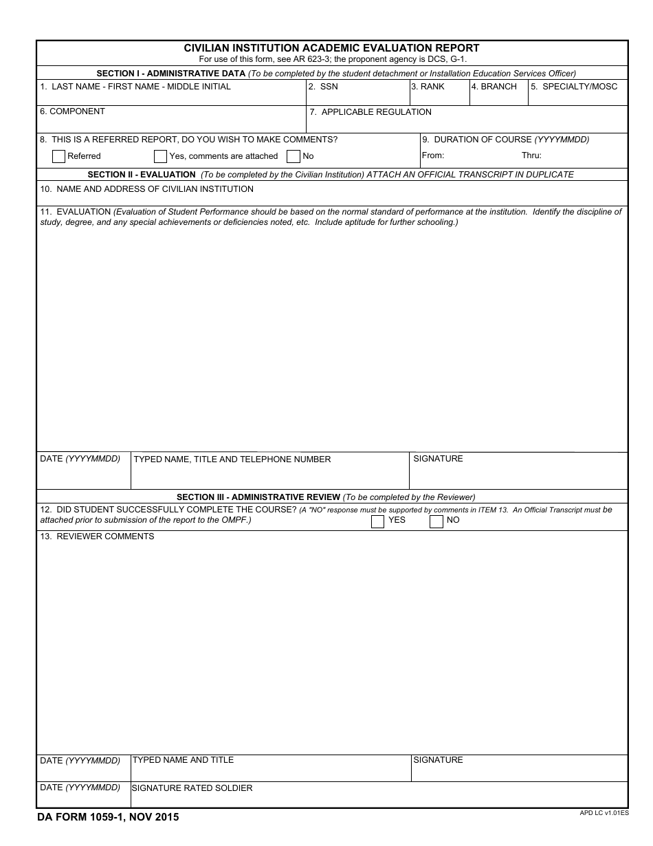 DA Form 1059-1 Civilian Institution Academic Evaluation Report, Page 1