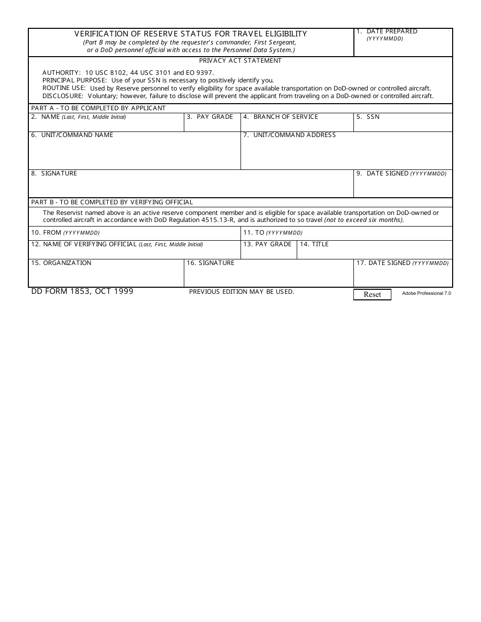 DD Form 1853 Verification of Reserve Status for Travel Eligibility, Page 1