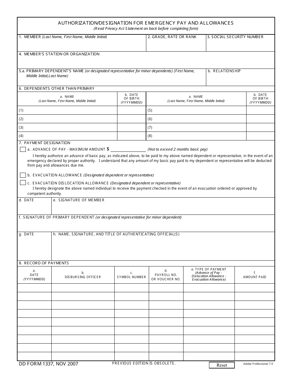 DD Form 1337 Download Fillable PDF or Fill Online Authorization/Designation...