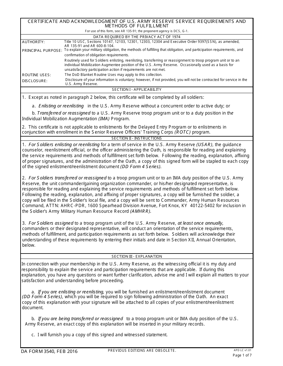 DA Form 3540 Certificate and Acknowledgement of U.S. Army Reserve Service Requirements and Methods of Fulfillment, Page 1