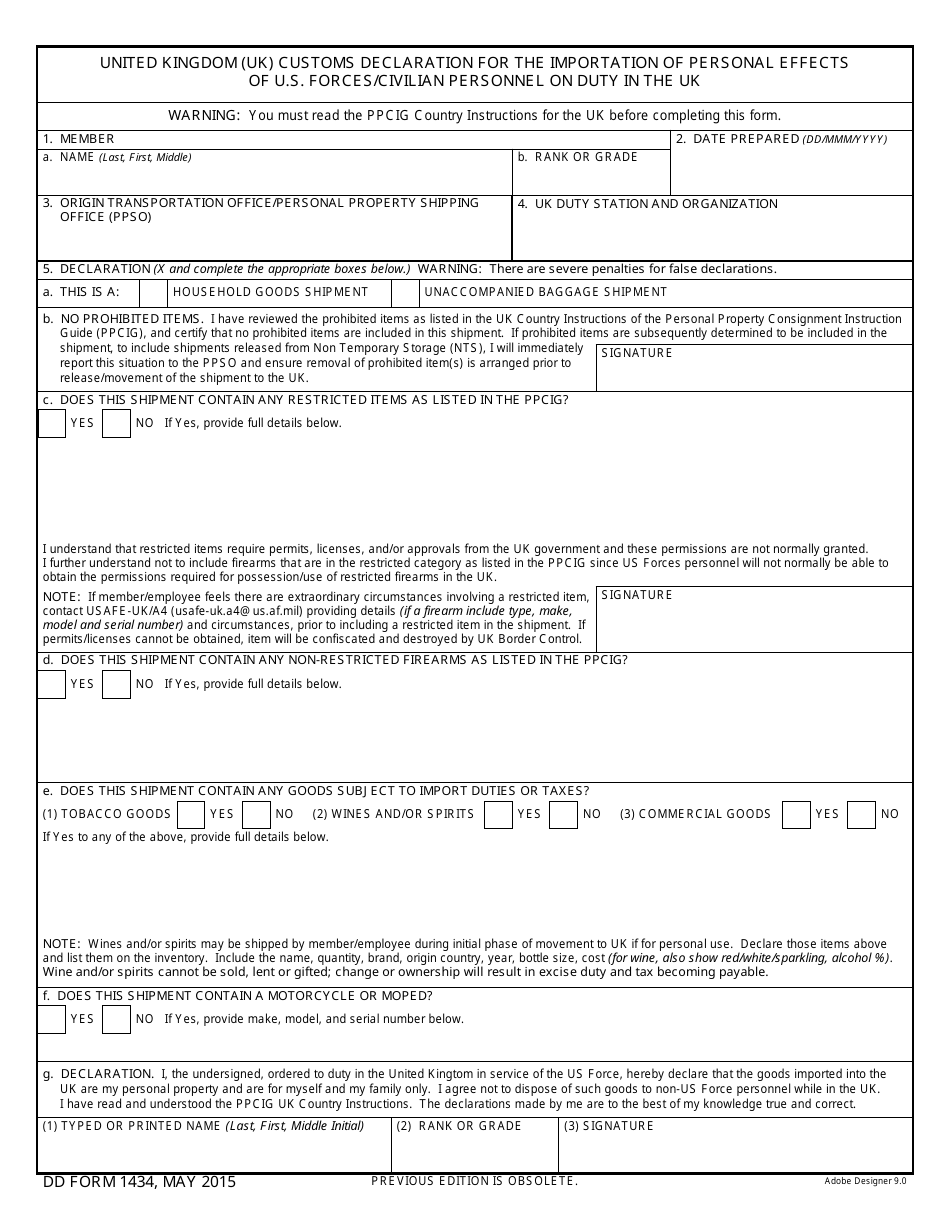 DD Form 1434 United Kingdom (UK) Customs Declaration for the Importation of Personal Effects of U.S. Forces / Civilian Personnel on Duty in the Uk, Page 1