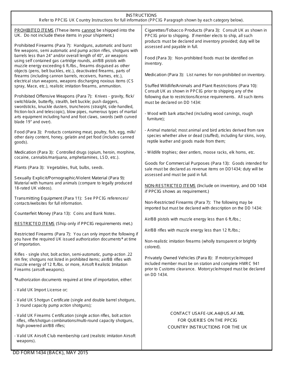 DD Form 1434 United Kingdom (UK) Customs Declaration for the Importation of Personal Effects of U.S. Forces / Civilian Personnel on Duty in the Uk, Page 2