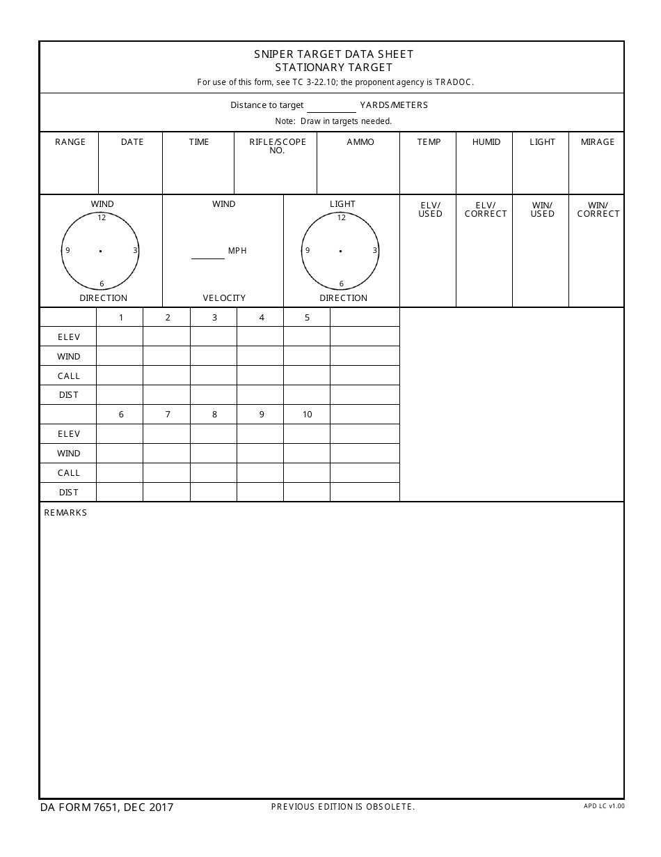DA Form 7651 Sniper Target Data Sheet Stationary Target, Page 1