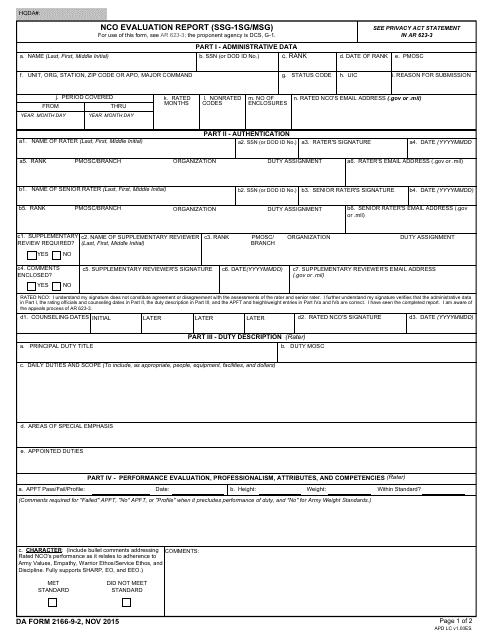 DA Form 2166-9-2 Download Fillable PDF, NCO Evaluation Report (SSG-1sg ...