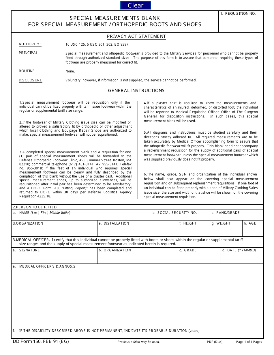 DD Form 150 Special Measurements Blank for Special Measurement / Orthopedic Boots and Shoes, Page 1