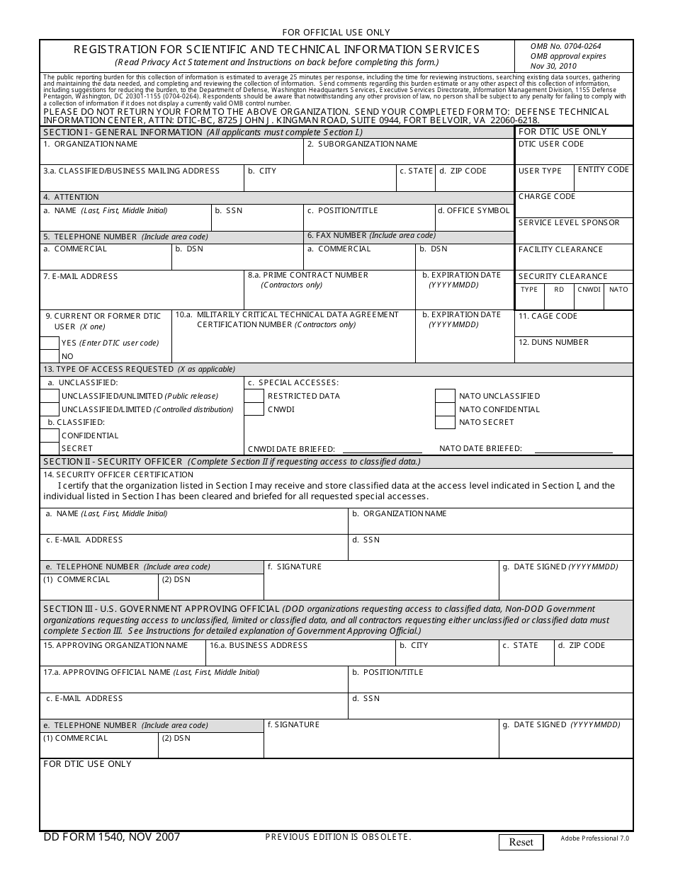 DD Form 1540 Registration for Scientific and Technical Information Services, Page 1