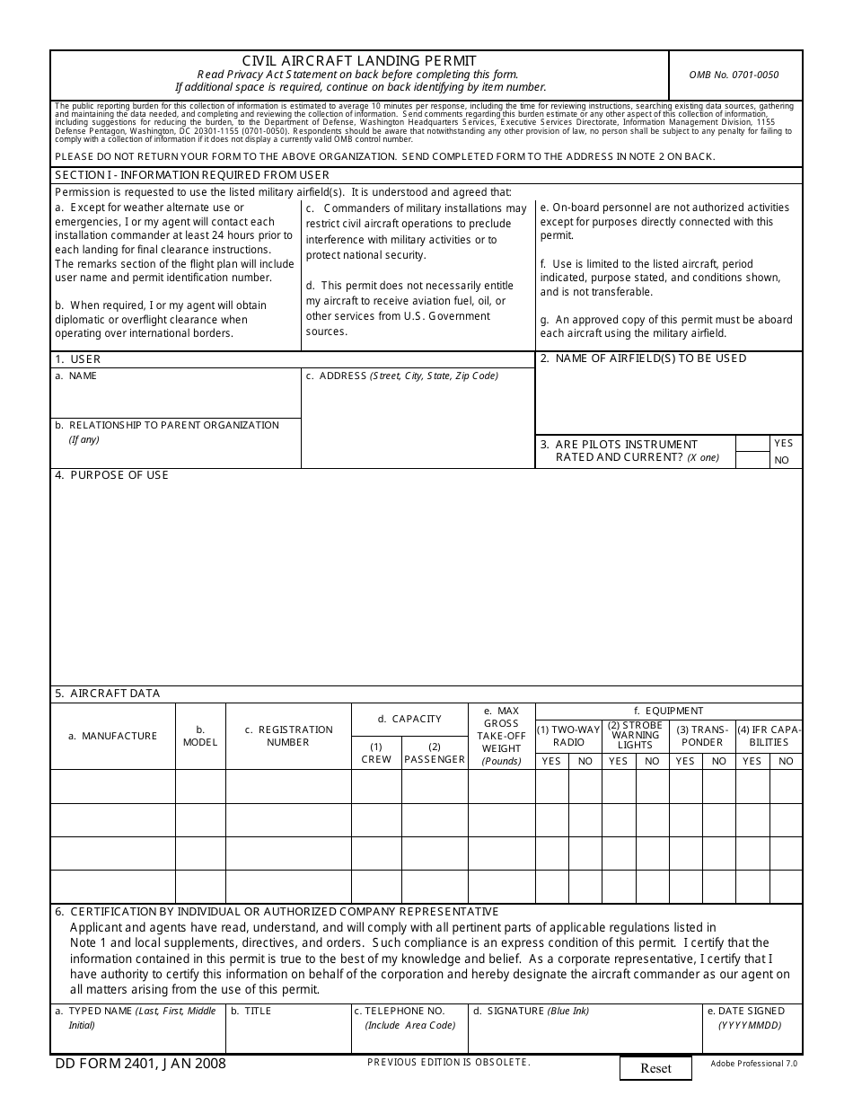 DD Form 2401 Civil Aircraft Landing Permit, Page 1