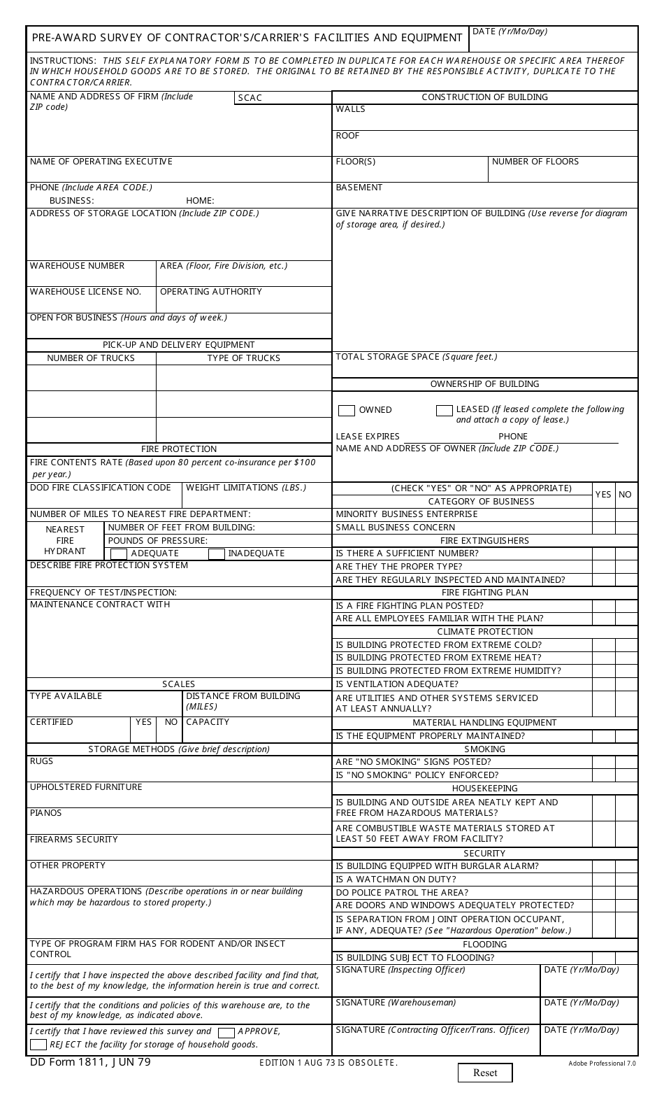 DD Form 1811 Pre-award Survey of Contractors / Carriers Facilities and Equipment, Page 1