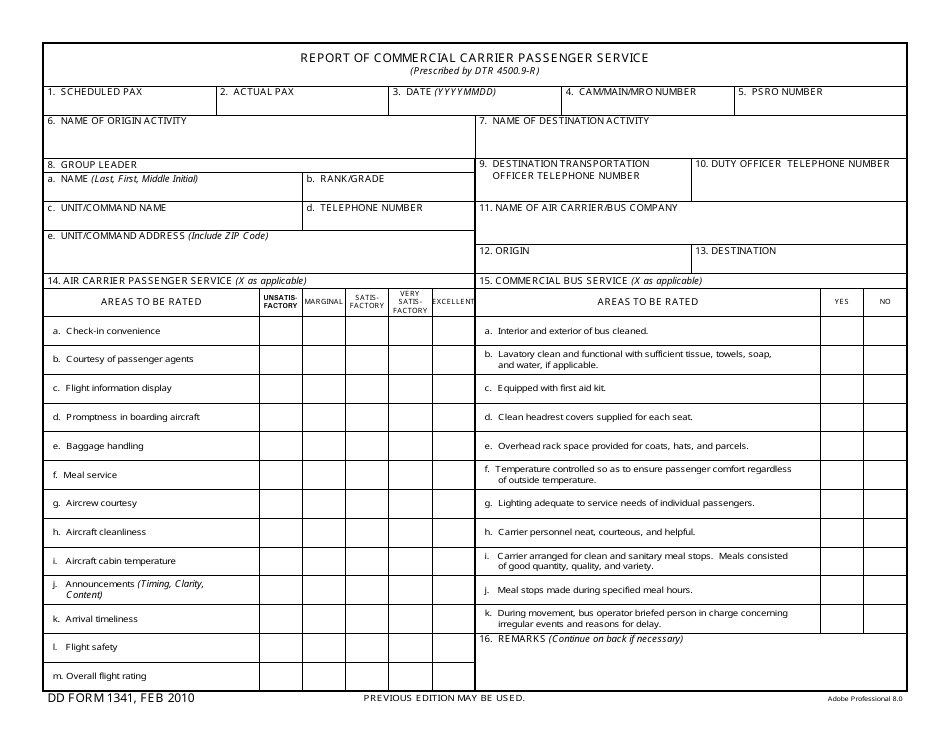 DD Form 1341 Report of Commercial Carrier Passenger Service, Page 1